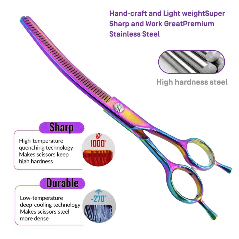 Colorful 7.0" Curved Thinning Shears – Professional Dog Grooming Scissors