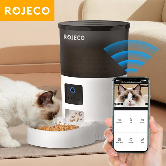 ROJECO Automatic Cat Feeder with Camera & Voice Recorder – Smart Remote Control Food Dispenser for Cats & Dogs